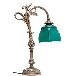 Grande Lampe de Bureau 1900 en bronze argenté et opaline