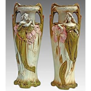 Royal Dux Pair Of Large Art Nouveau Vases 1900