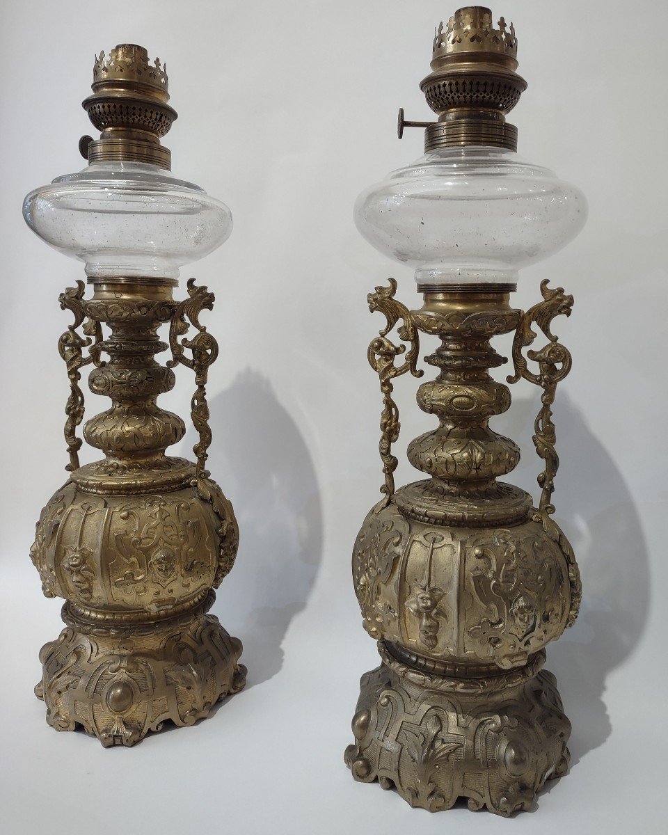 Pair Of Gilded Bronze Oil Lamps-photo-2