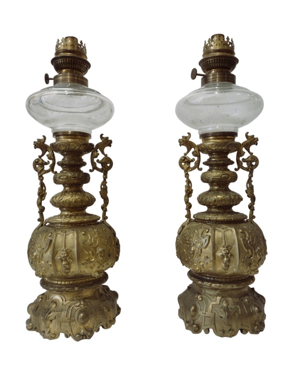 Pair Of Gilded Bronze Oil Lamps