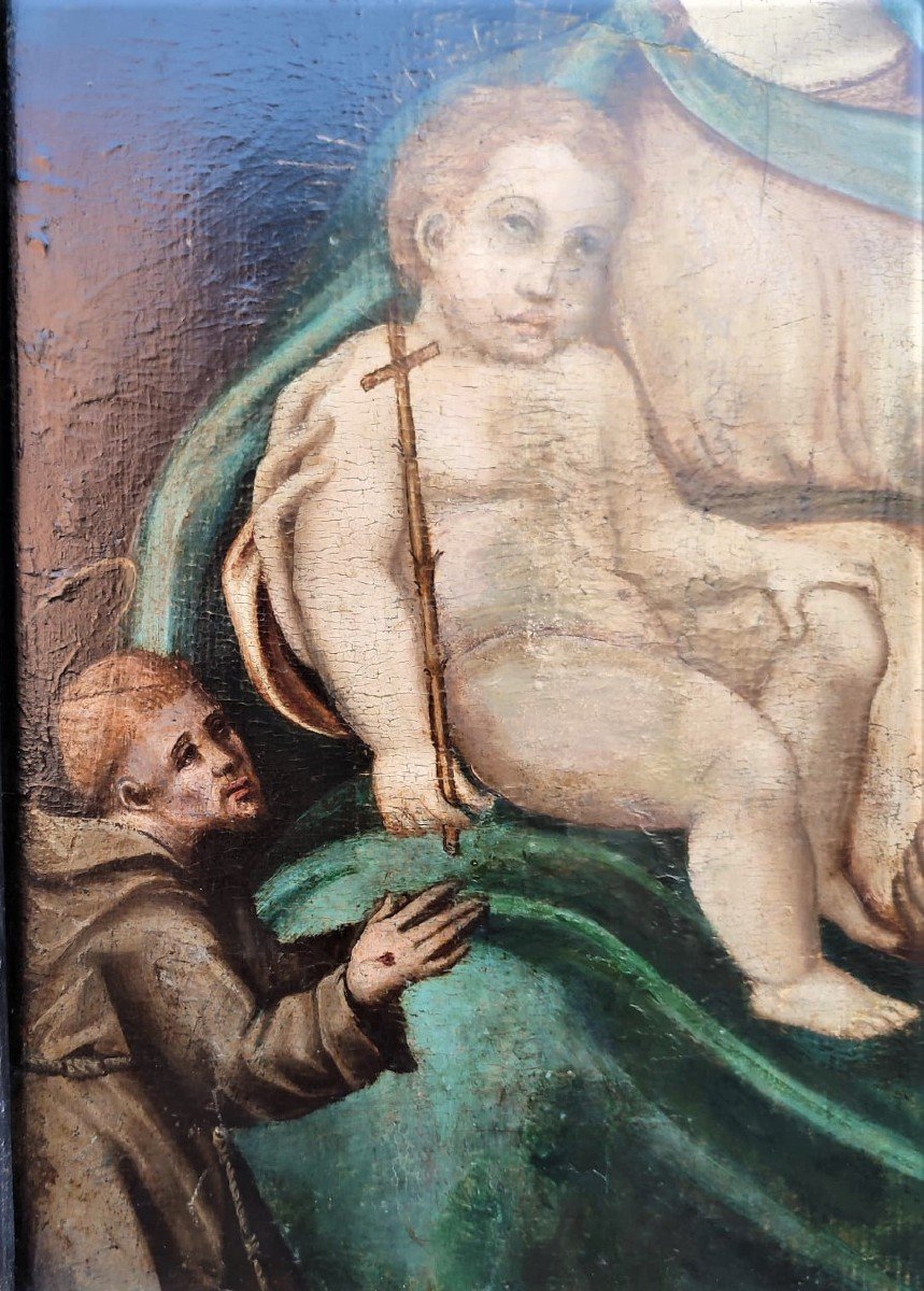 Painting On Wood From The 16th Century Madonna With Child, Saint Romuald And Franciscan Friar-photo-2