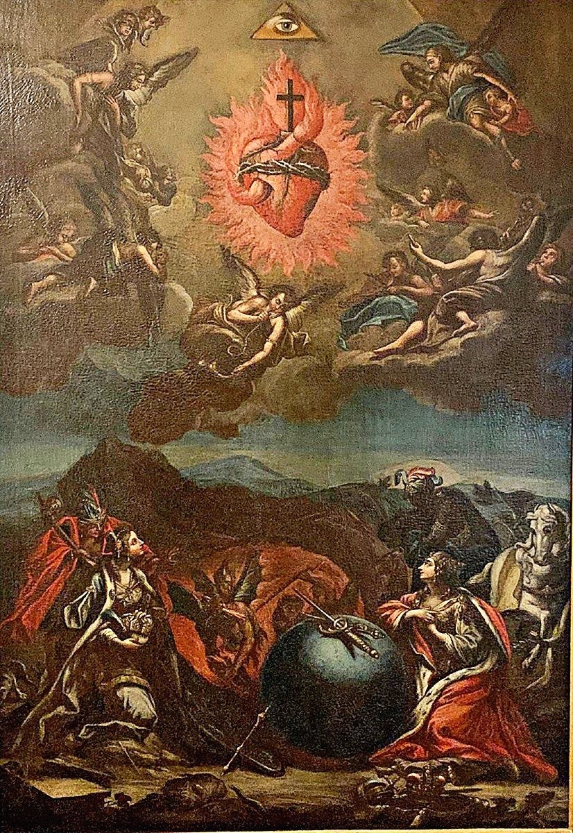 The 4 Continents In Adoration Of The Sacred Heart Of Jesus - Oil On Canvas Mid 17th Century-photo-2