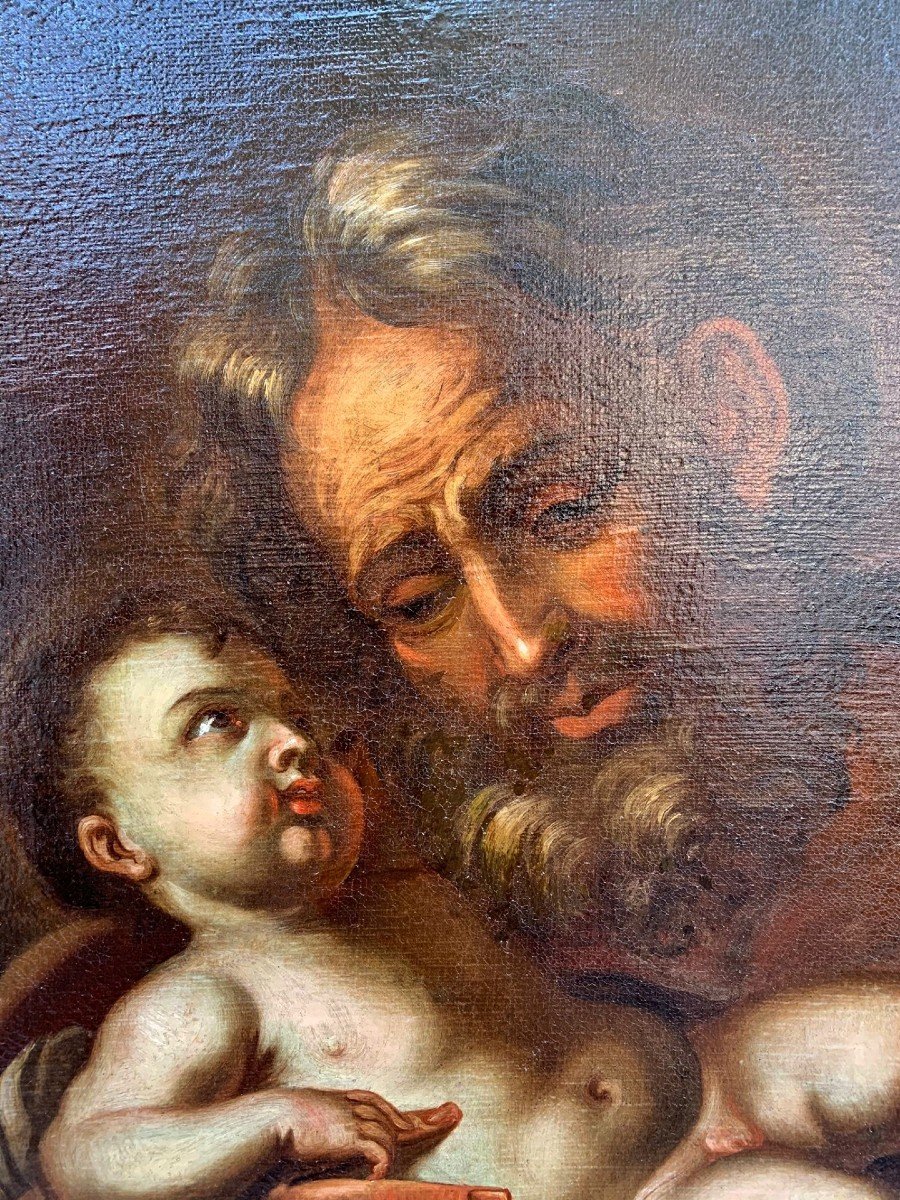 Saint Joseph With The Child On A Splendid Original Frame With Imitation Marble Lacquer.-photo-2