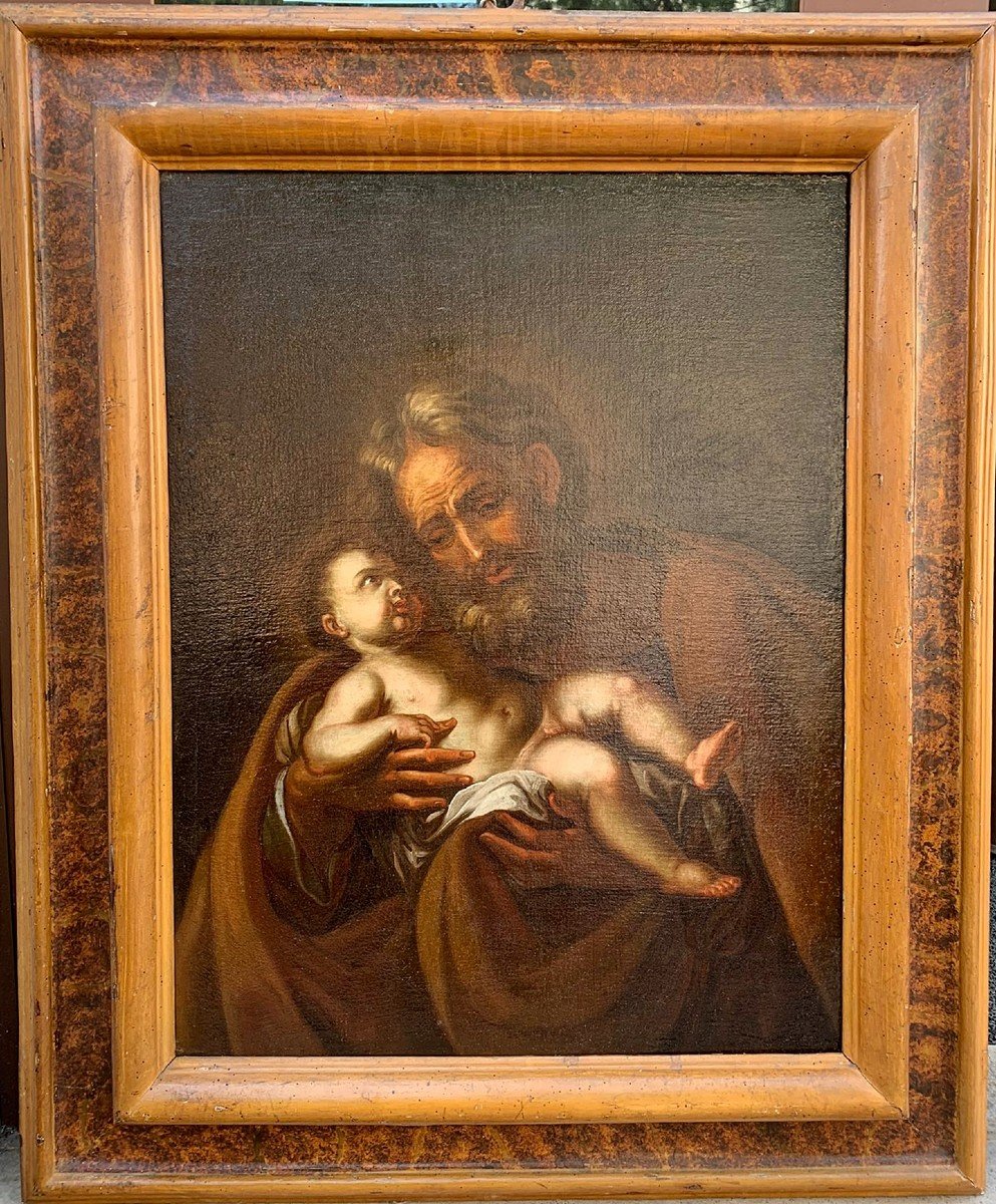 Saint Joseph With The Child On A Splendid Original Frame With Imitation Marble Lacquer.