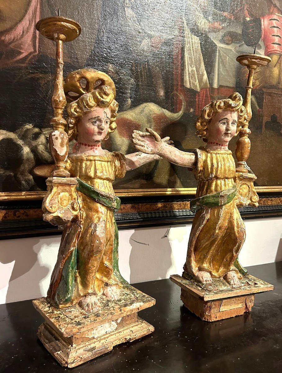 Rare Candle-holder Angels Of Umbrian Culture From The Early 16th Century.-photo-2