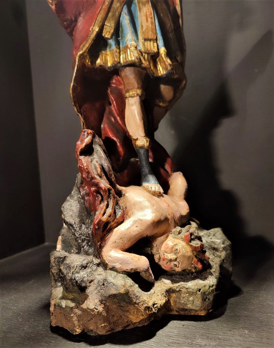 Polychrome Wooden Sculpture Of St. Michael The Archangel From Late Seventeenth Century-photo-3