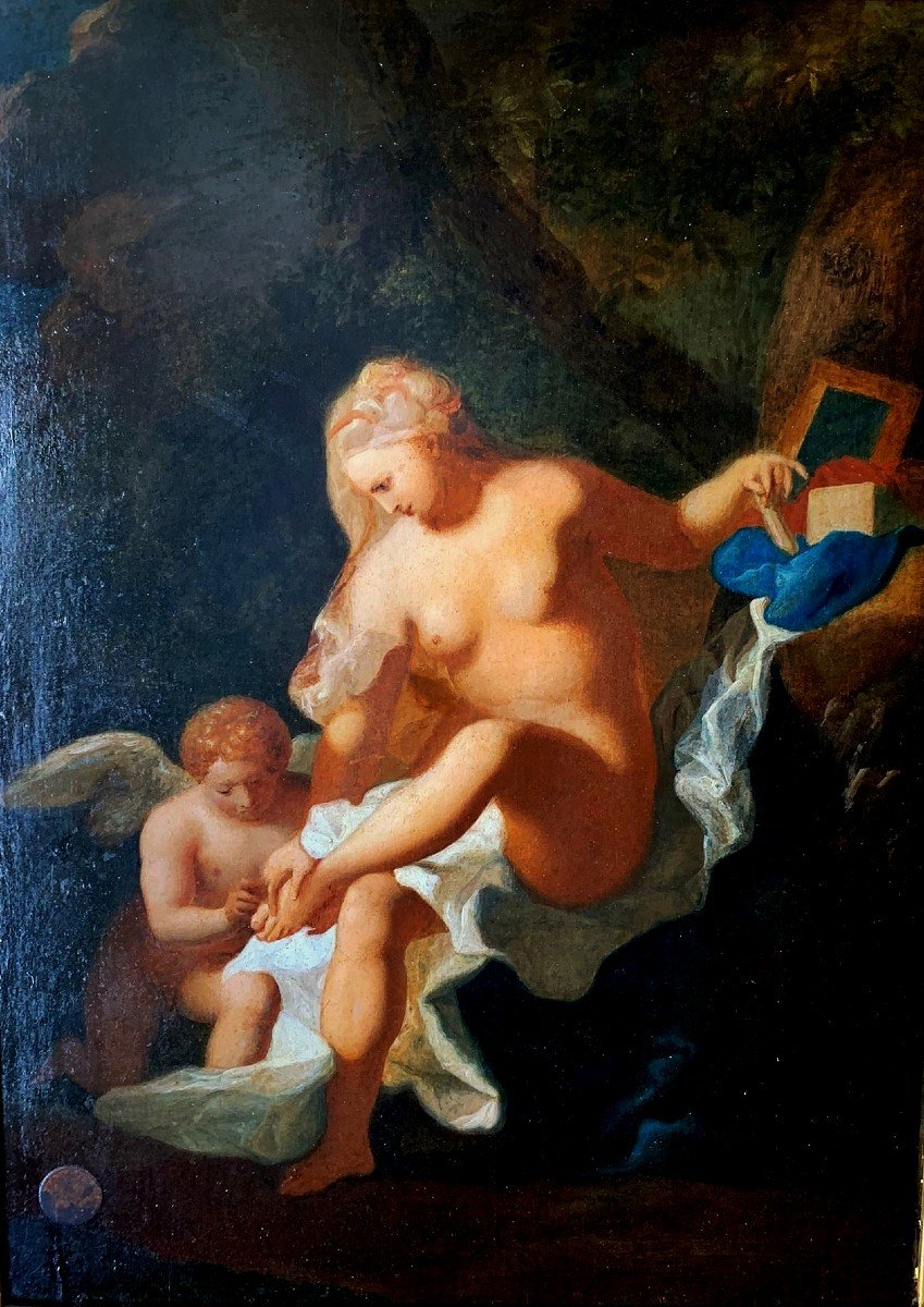 Toilet Of Venus, Interesting Oil On Panel, French Romantic Period-photo-2