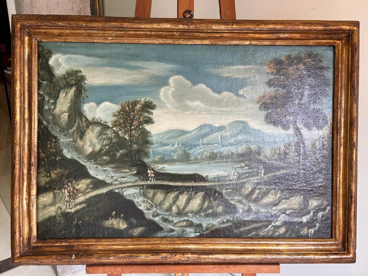 Capriccio Landscape With Characters, Veneto, First Half Of The 18th Century (80 X 50 Cm).-photo-3