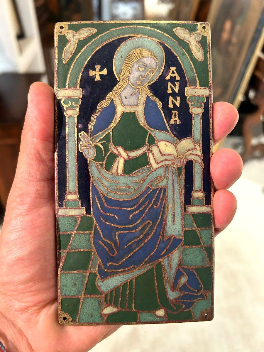 Cloisonné Enameled Bronze Plaque With Saint Anne.-photo-1