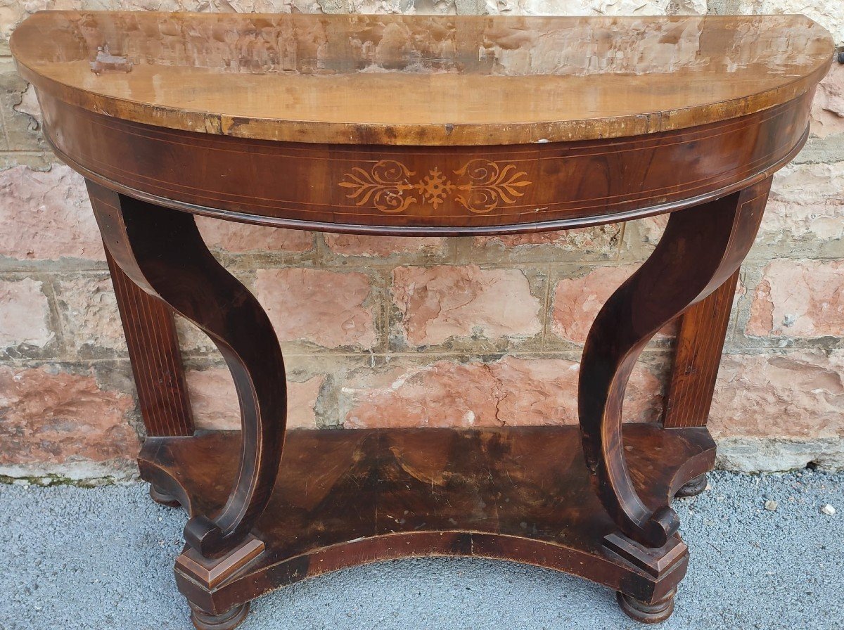 Charles X Half-moon Console In Walnut Briar And Maple Inlays.-photo-2