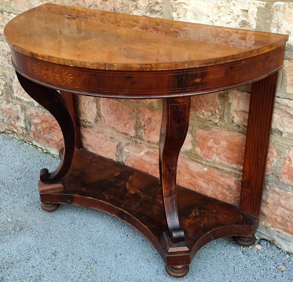 Charles X Half-moon Console In Walnut Briar And Maple Inlays.