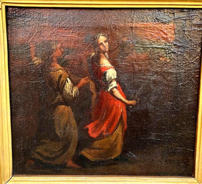 Judith Avec La Tête d'Holopherne, Huile Sur Toile Dans Un Splendide Cadre, XVII, Italie Central-photo-2