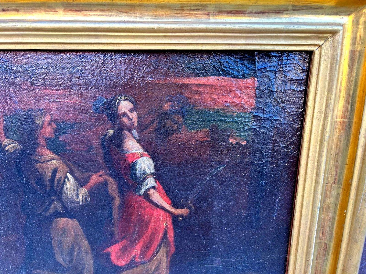 Judith Avec La Tête d'Holopherne, Huile Sur Toile Dans Un Splendide Cadre, XVII, Italie Central-photo-2