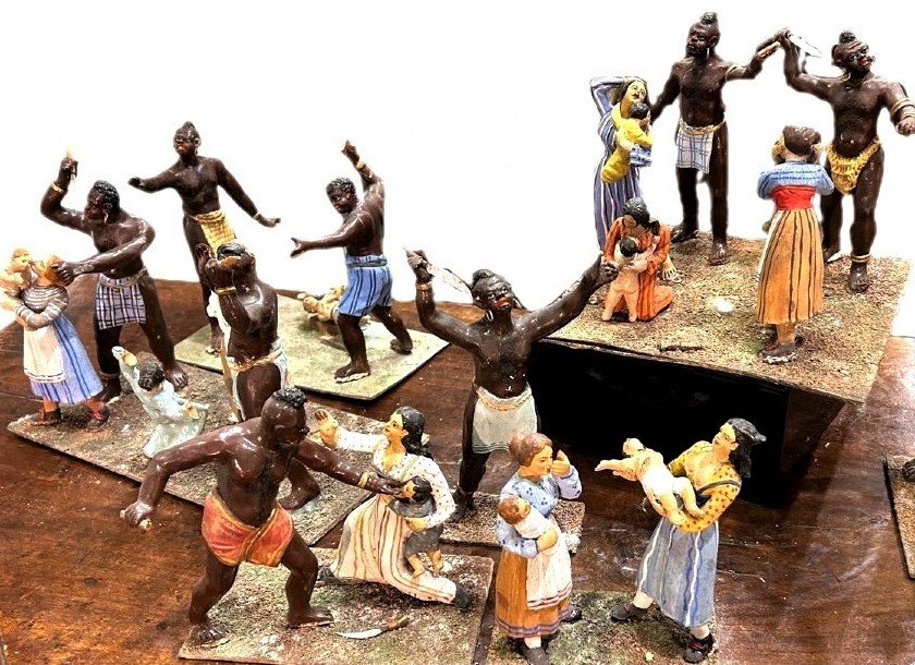 Ancient Diorama Of Polychrome Terracotta Statuettes "massacre Of The Innocents". Naples, XIXc.