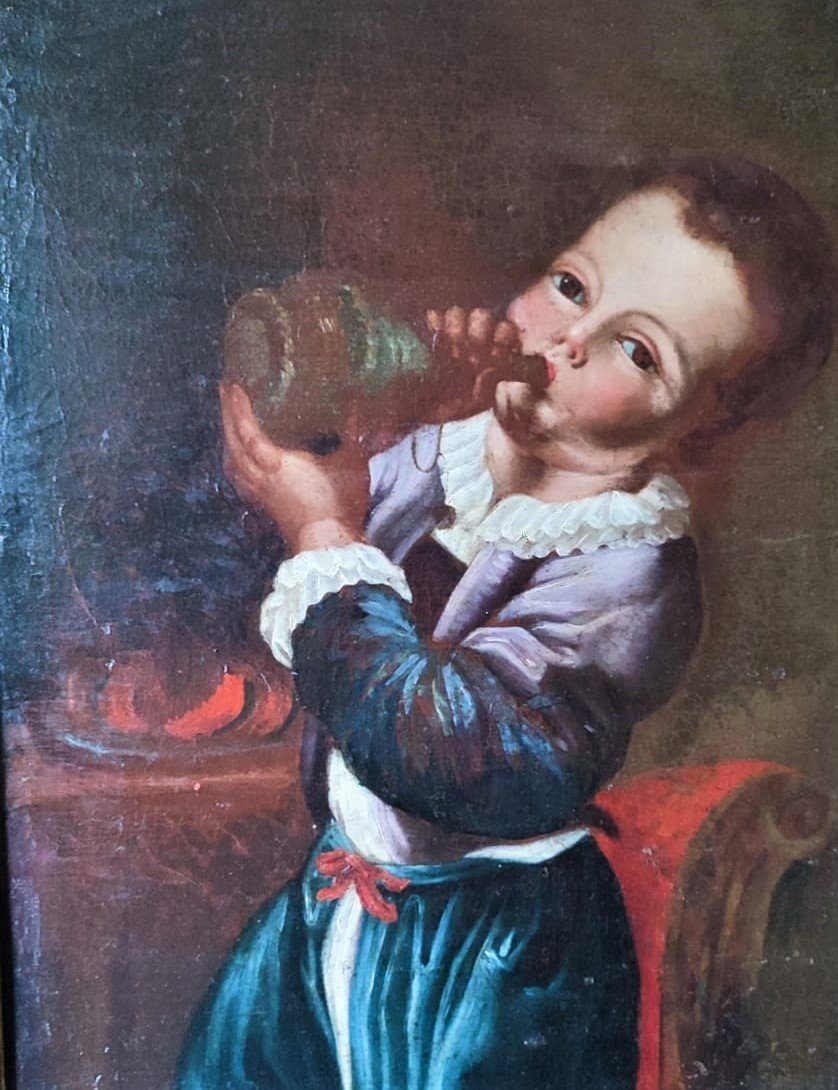 Enfant Buvant Au Flacon De Vin, Huile Sur Toile Du Début Du XVIIIe Siècle-photo-3