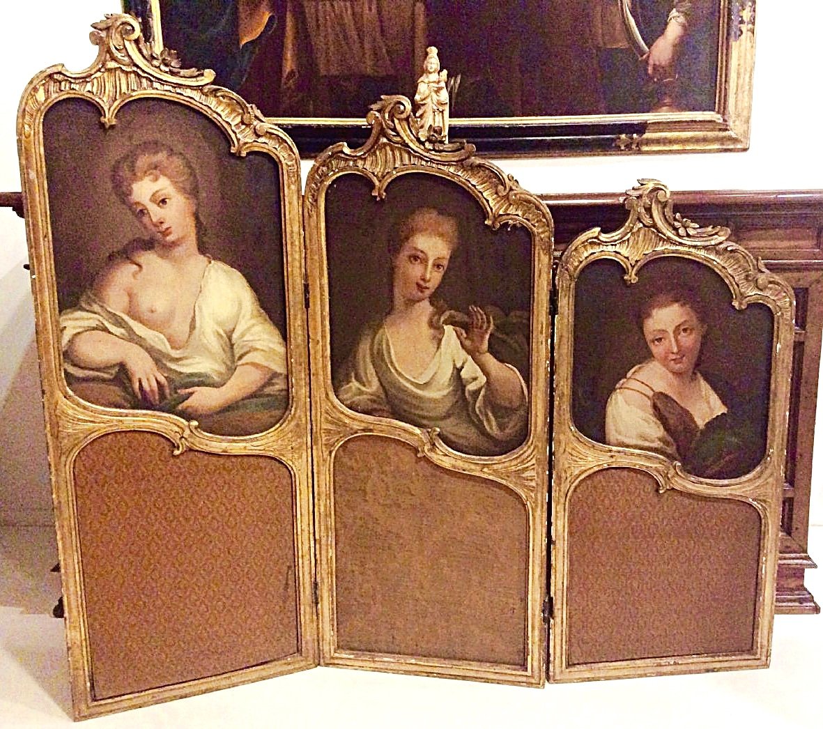 Antique Louis XV Venetian Bedroom Screen With 3 Allegoric Women Oil On Canvas.