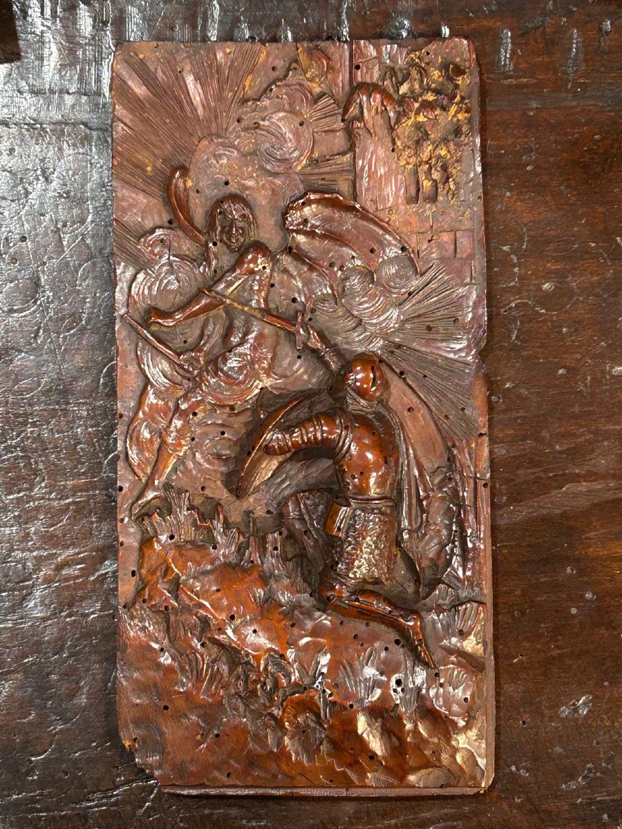 Wooden Sculpture Representing Saint Michael Defeating The Devil From The End Of The 16th Centur-photo-2