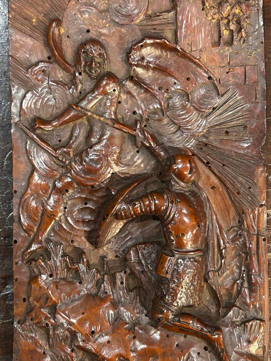 Wooden Sculpture Representing Saint Michael Defeating The Devil From The End Of The 16th Centur-photo-3