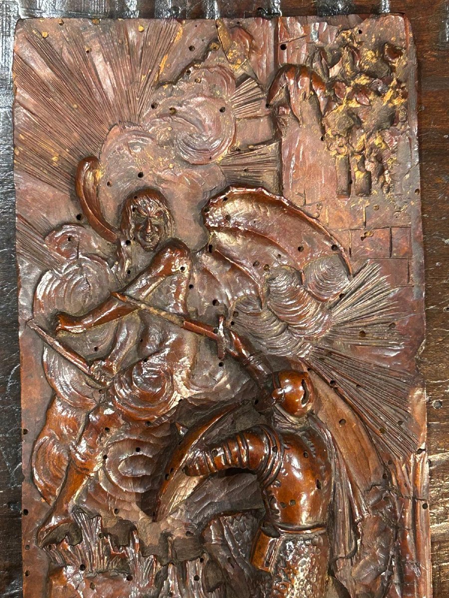 Wooden Sculpture Representing Saint Michael Defeating The Devil From The End Of The 16th Centur-photo-1