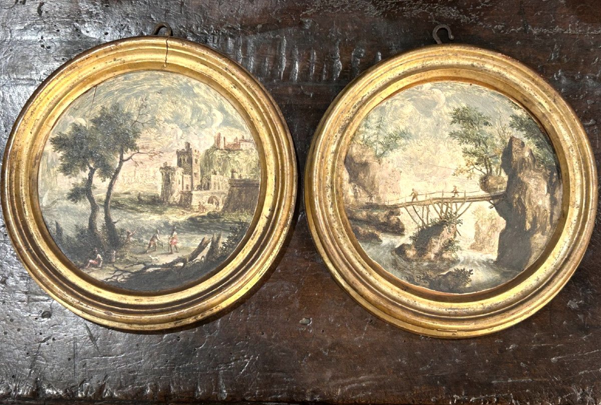 Pair Of Tondi Depicting Landscape Capricci In The Manner Of Marco Ricci.