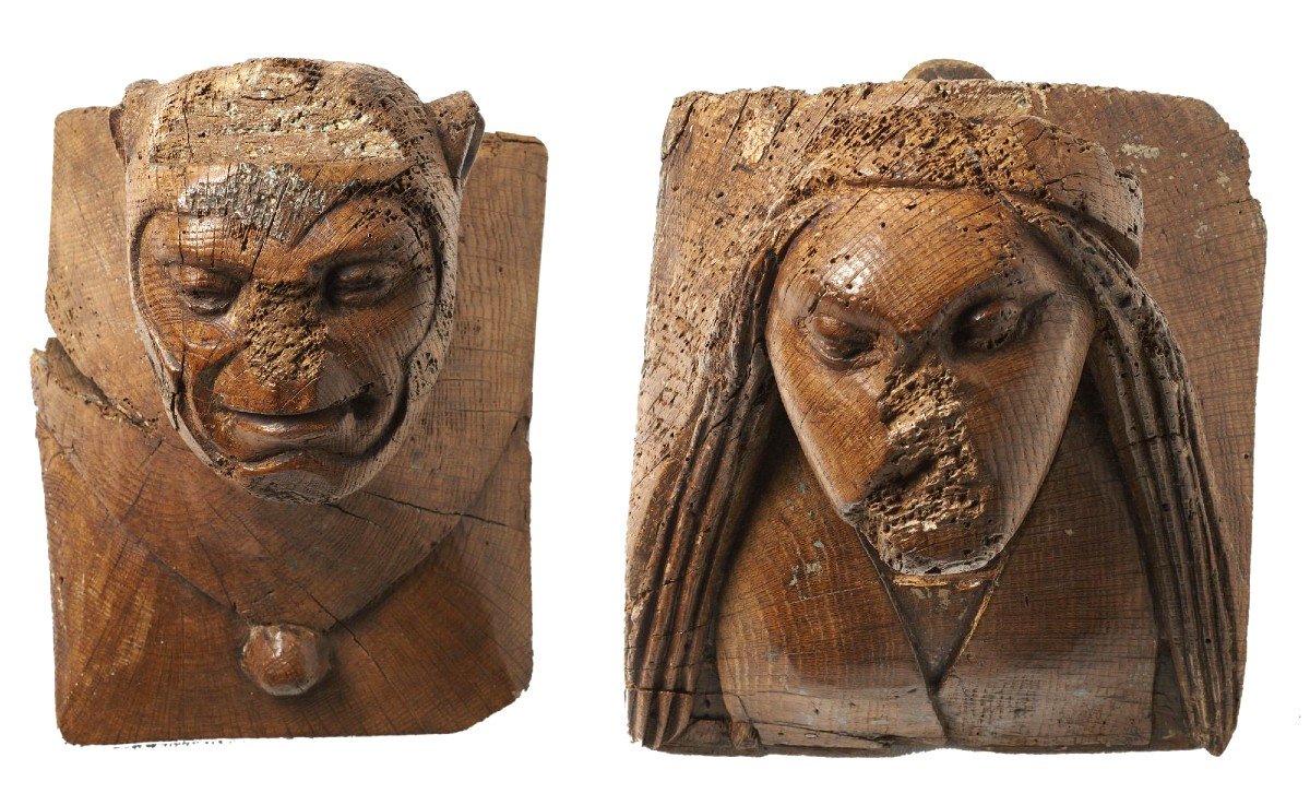 Pair Of Architectural Elements Of Fantastic Figures, 16th Century Nordic Art.