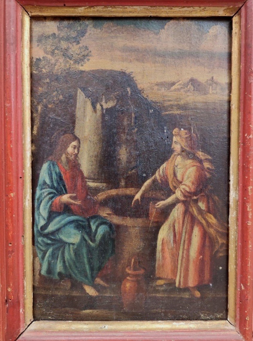 Samaritaine At The Well, Oil On Panel First Half Of The 17th Century On Original Frame-photo-3