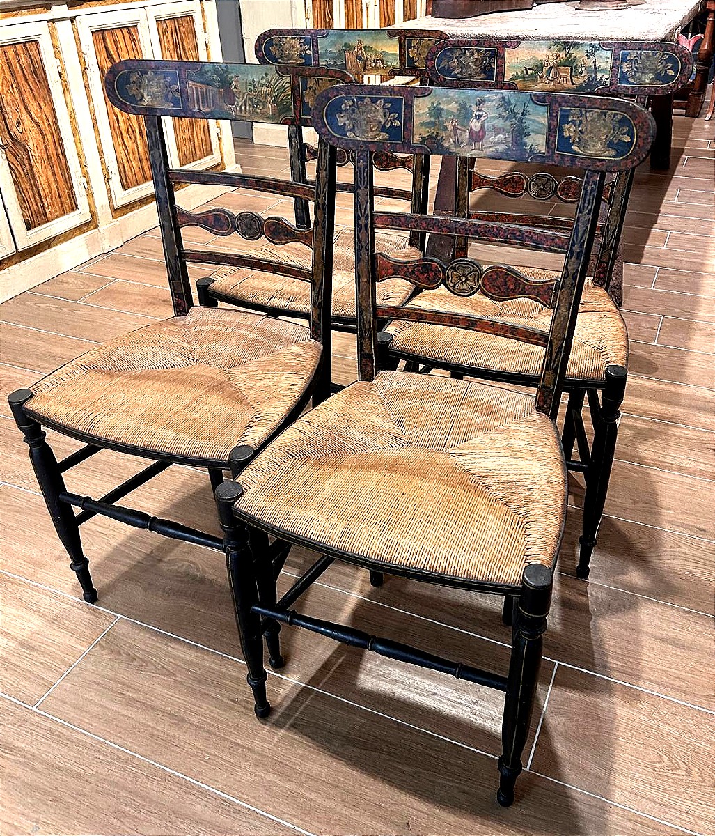 Group Of 4 "chiavarine" Painted Chairs From 2half Of XIXc.