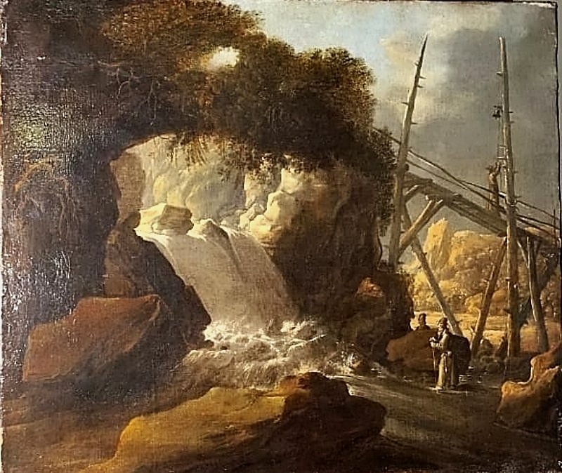 Beautiful Landscape With Waterfall And Figures. Holland, Second Half Of The 17th Century-photo-3