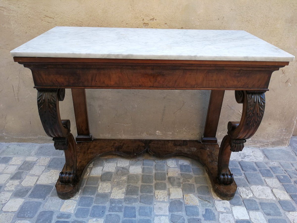 Empire Period Console With Carved Feet And White Carrara Marble Top-photo-4