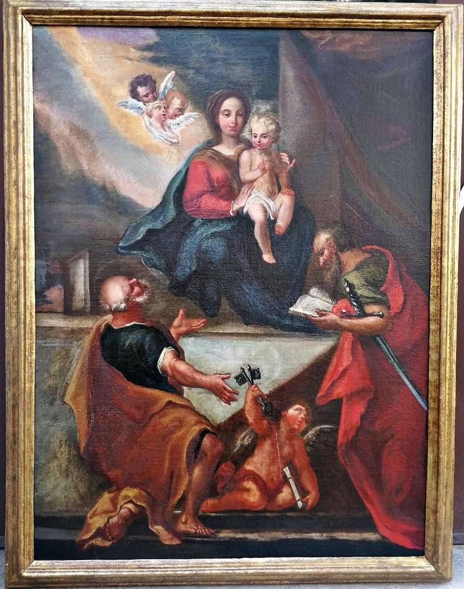 Virgin And Child And Saints Peter And Paul, Oil On Canvas Neapolitan Beginning Of The XVIIIs.