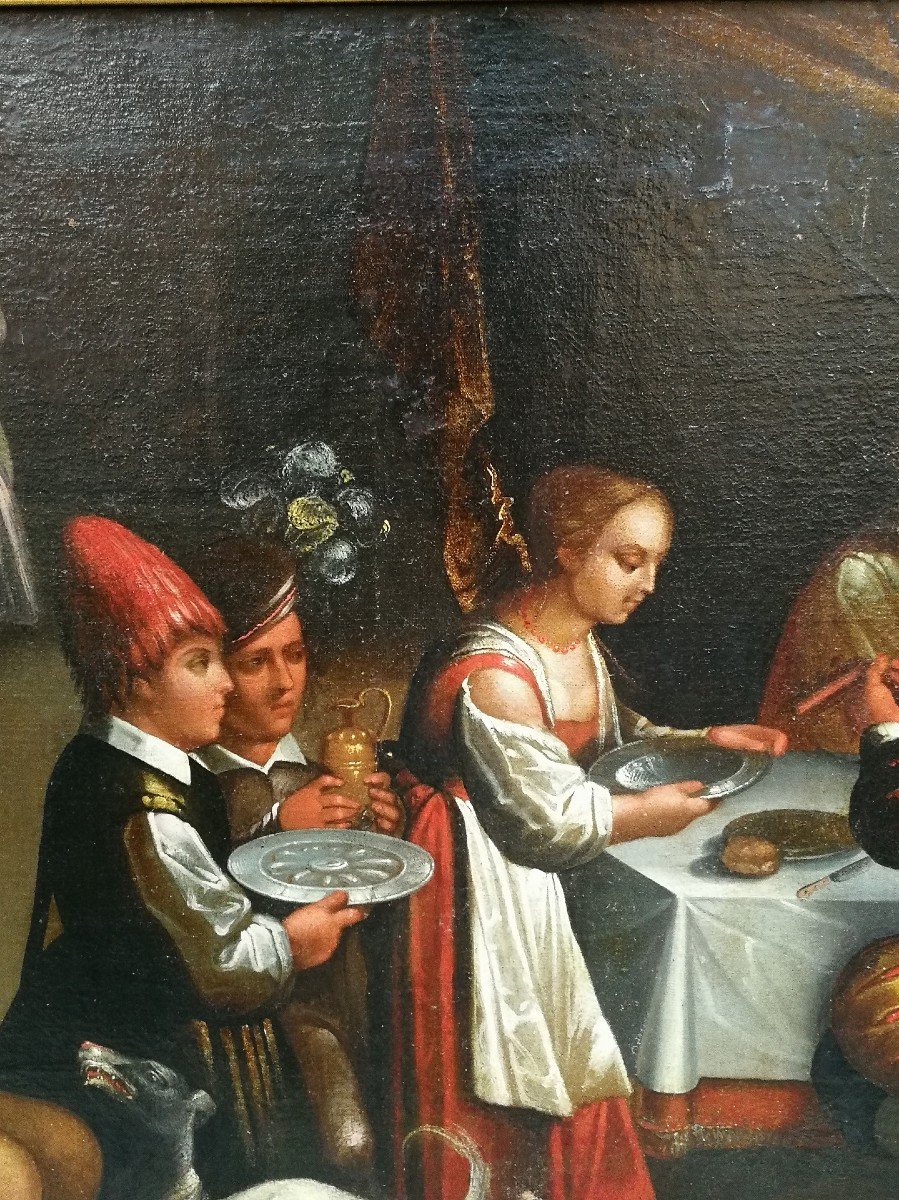 "dinner With The Rich Epulone" Oil On Canvas Atelier Du Bassano, Last Quarter Of The XVI Century-photo-2