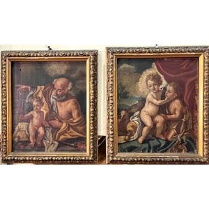 Pair Of Small Devotional  Oils On Wood. Naples, First Half Of XVIII Century.