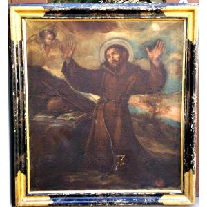 Saint Francis In Ecstasy, Oil On Canvas From The 1st Half Of The 17th Century, Original Frame.