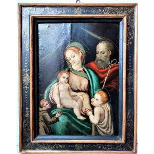Peinture Sur Bois Du XVIe Siècle Vierge à l'Enfant, Saint Romuald Et Moine Franciscain