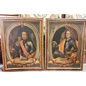"paintings Depicting 2 Portraits Of Knights On Beautiful Antique Frames - Mid-18th Century"