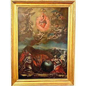 Les 4 Continents En Adoration Du Sacré-cœur De Jésus - Huile Sur Toile Milieu Du XVIIe Sièclé