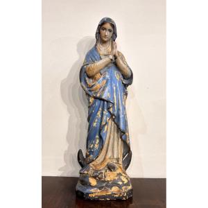 Sculpture En Papier Mâché Polychrome Représentant Marie Immaculée. Italie Centrale, XVIIIe Sièc