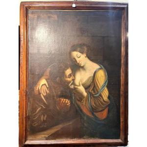 Roman Charity Last Quarter Of The 17th Century - Large Oil On Canvas On Antique Frame