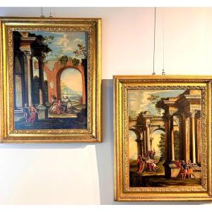 Pair Of Architectural Capricci From The Late 17th Century With Splendid Contemporary Frames.