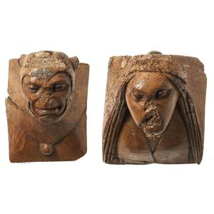 Pair Of Architectural Elements Of Fantastic Figures, 16th Century Nordic Art.