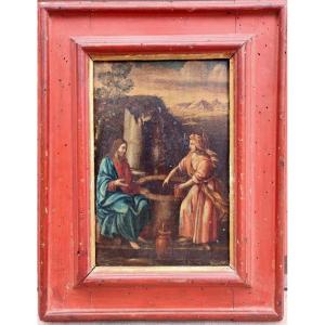 Samaritaine At The Well, Oil On Panel First Half Of The 17th Century On Original Frame