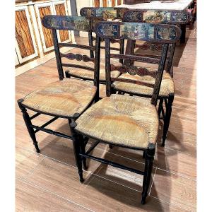 Group Of 4 "chiavarine" Painted Chairs From 2half Of XIXc.