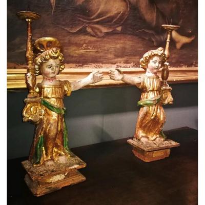 Candlestick Angels From The Fifteenth Century In Golden Wood And Polychrome. Umbrian Region. H. 63cm