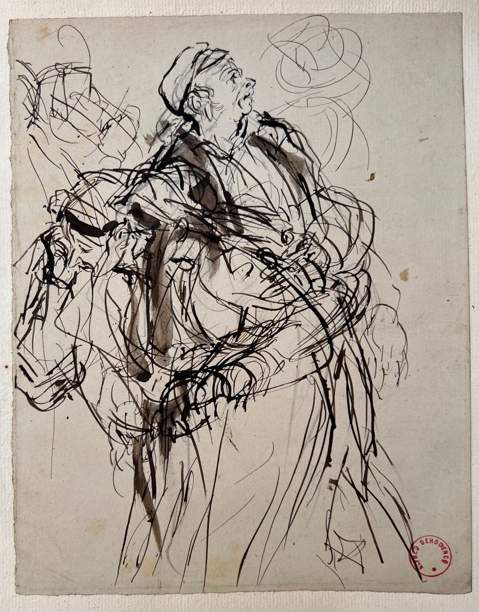 Croquis De Deux Hommes - Alfred Dehodencq (1822 – 1882) - Dessin Encre Et Lavis - Cachet