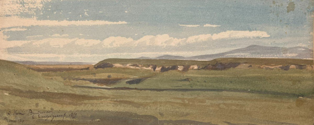 Henri Harpignies – Campagne Du Latium – Aquarelle - Signé, Daté, Dédicacé Et Localisé Roma 1851