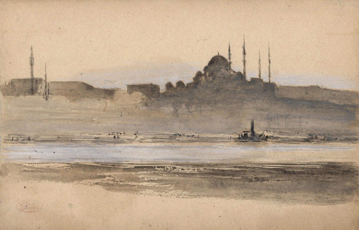 Léonce Chabry (1832 - 1882) Vue d'Istanbul, Aquarelle, Cachet