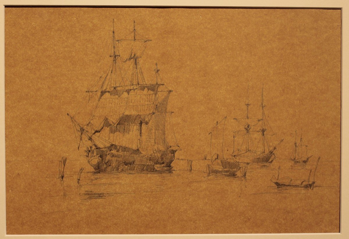 Jules Romain Joyant (1803 - 1854) Voiliers Dans Le Port Dessin 