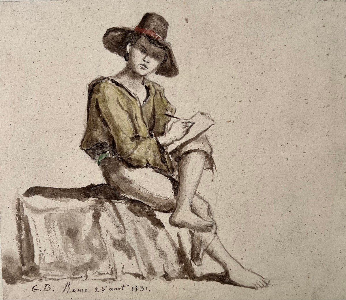 Jeune Homme Dessinant - Guillaume Bodinier - Dessin aquarelle XIX - monogrammeé et daté 1831