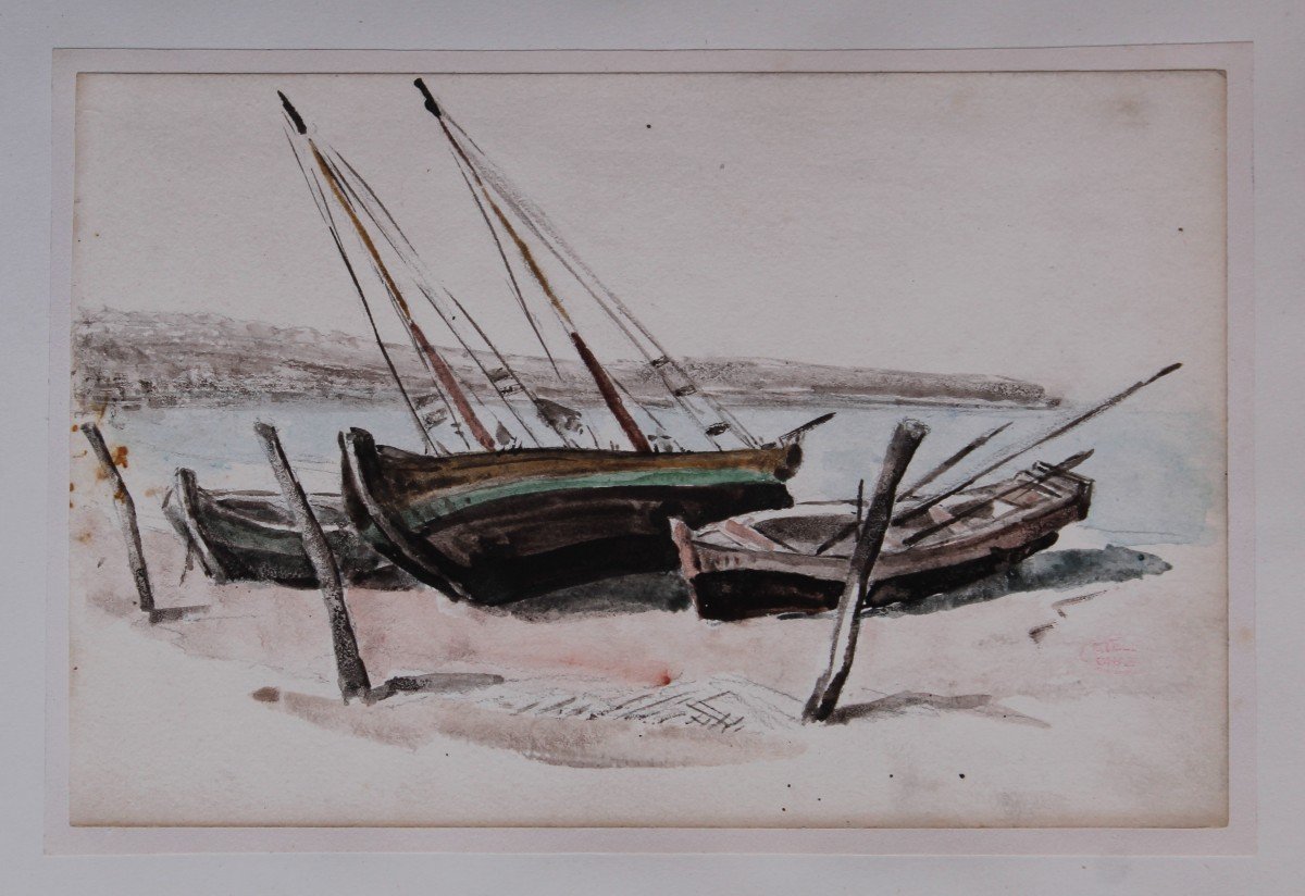 Léonce Chabry Né à Bordeaux Barques Aquarelle Cachet