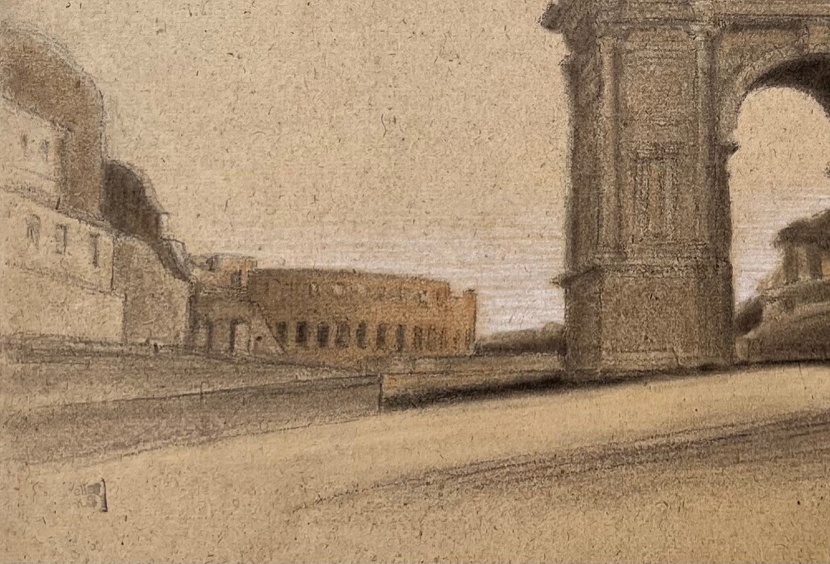 Isidore Pils (1813 - 1875 ) Arc De Titus Au Forum Romain Avec Le Colisée Rome Dessin Cachet-photo-3